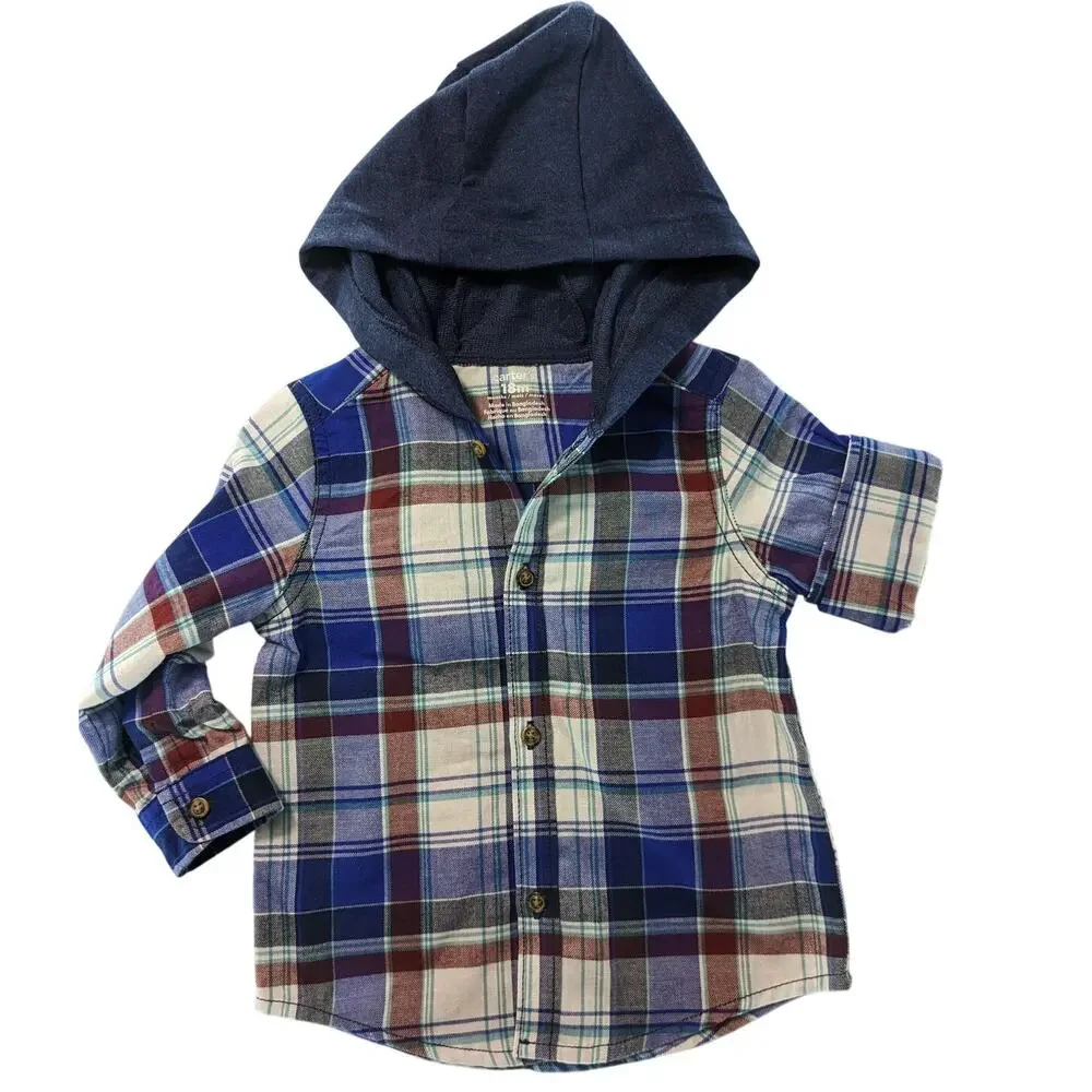 NWT Carter's Baby Boy 18 months Plaid Hooded Button-Front Shirt Stylish Toddler